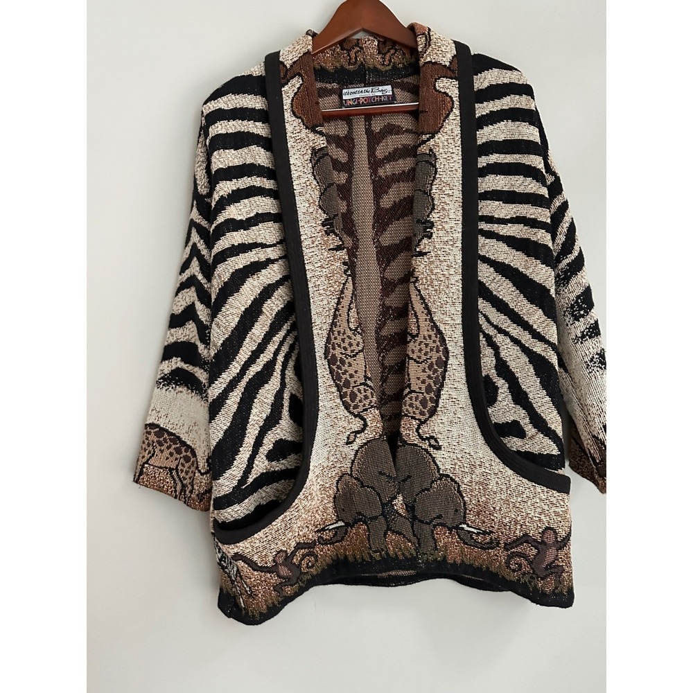 VTG It's Outta The Bag Safari Animal Tapestry Cardigan Sweater Women S/M